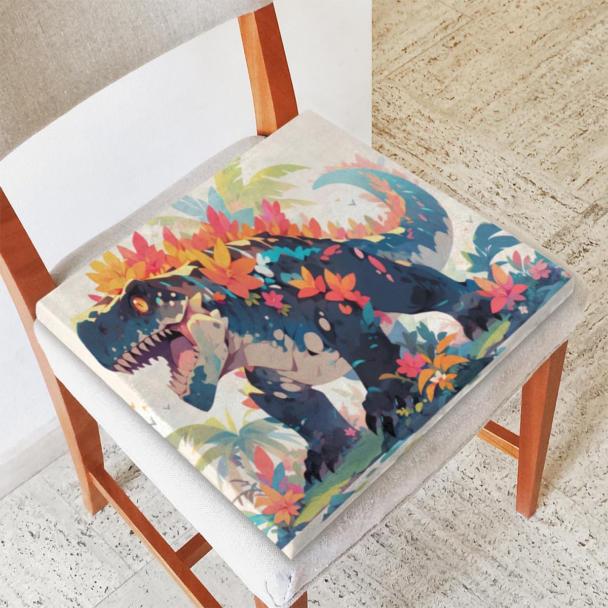 Multicolor Dinosaur Flowers Square Seat Cushions 16 * 16 Inch High Density Sponge Filling Soft Comfortable Removable with Zipper Chair Cushion for Kitchen Dining Room Couch Office Chairs Car