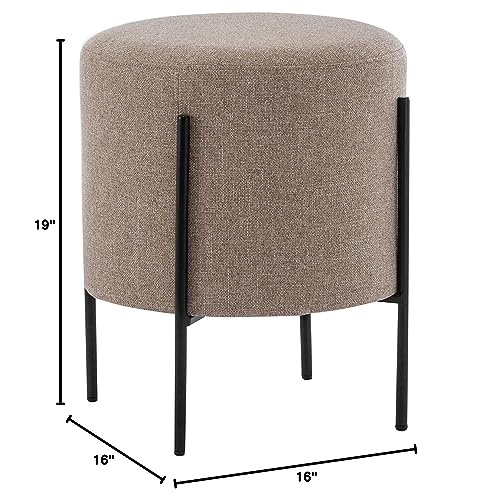 Wovenbyrd Modern Round Ottoman Footstool with Metal Base Legs, 16-Inch Wide, Light Brown Faux Leather