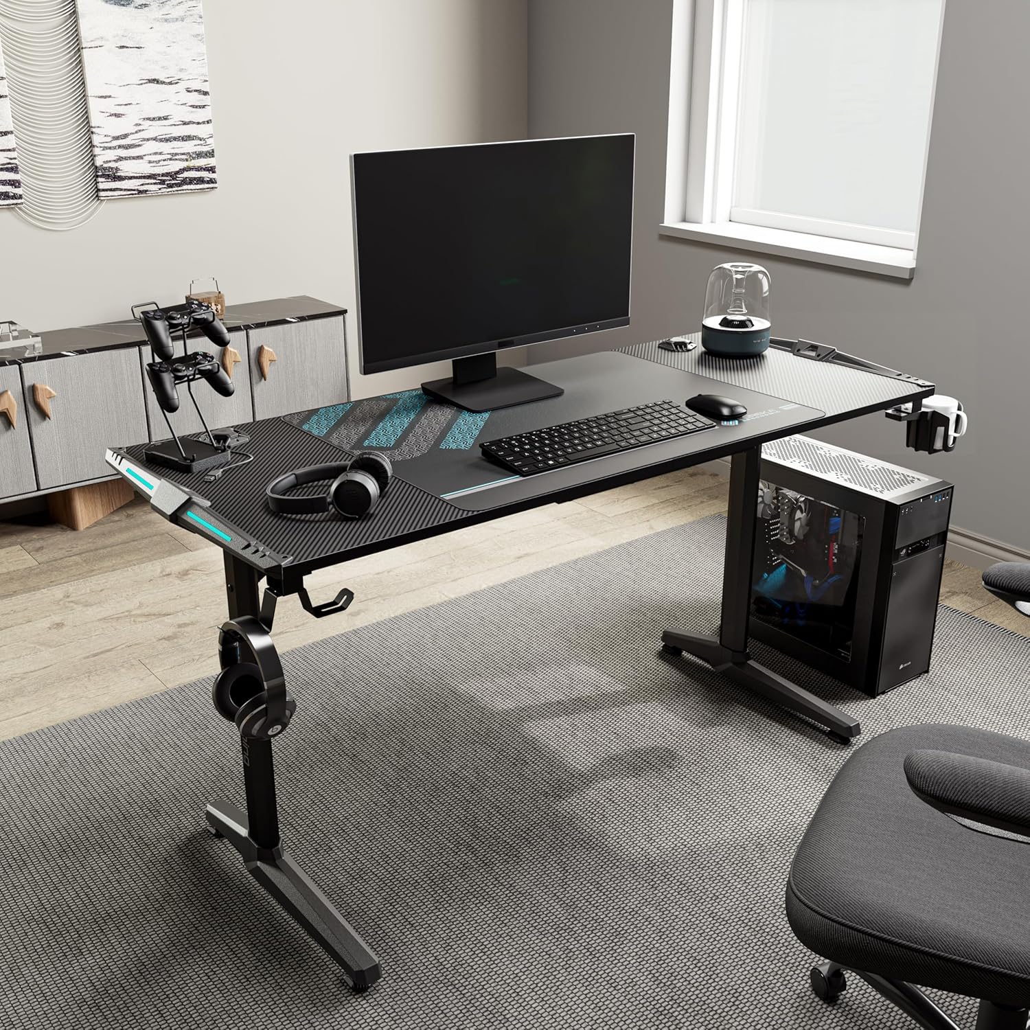 EUREKA ERGONOMIC RGB Gaming Desks, 55 Inch Computer Desk PC Studio Gamer Table Home Office Workstation, w Free Mouse Pad,USB Ports Controller Stand Cup Headset Holder Black for Game