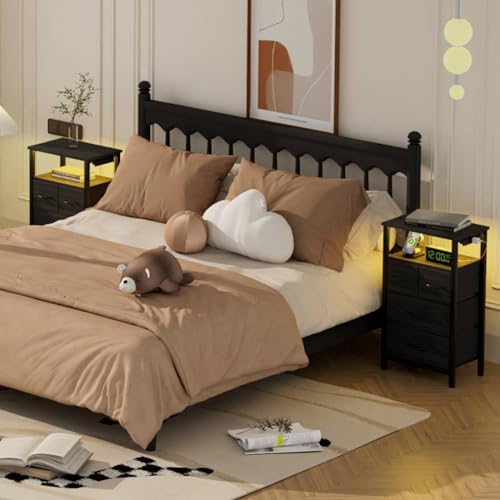 Furnulem Led Nightstand with Charging Station, Bedside Table with 3 Fabric Drawers and Storage Shelf, End Table Side Table with USB Ports and Outlets, Small Night Stand for Bedroom, Rustic Brown