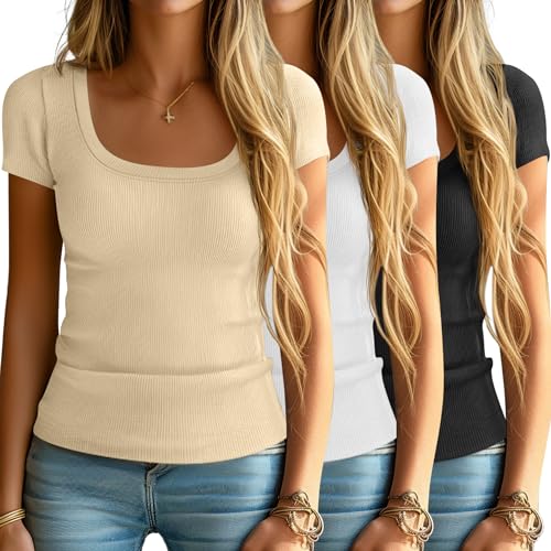 3 Pack Women's Short Sleeve Scooped Neck T Shirts Summer 2024 Tops Basic Ribbed Knit Tee Slim Fit Solid Color Shirt