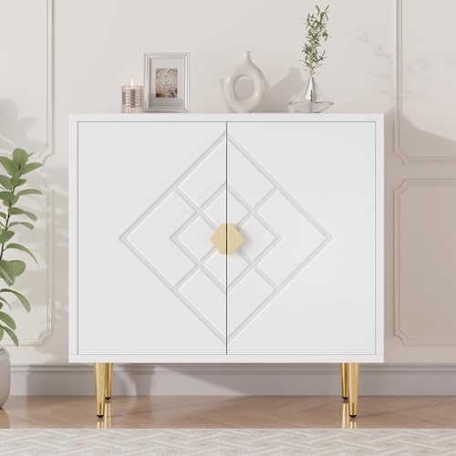 Storage Cabinet, Modern Accent Cabinet with Decorative Diamond Pattern Doors, Accent Sideboard Storage Cabinet for Bedroom, Living Room, Kitchen, Hallway, White