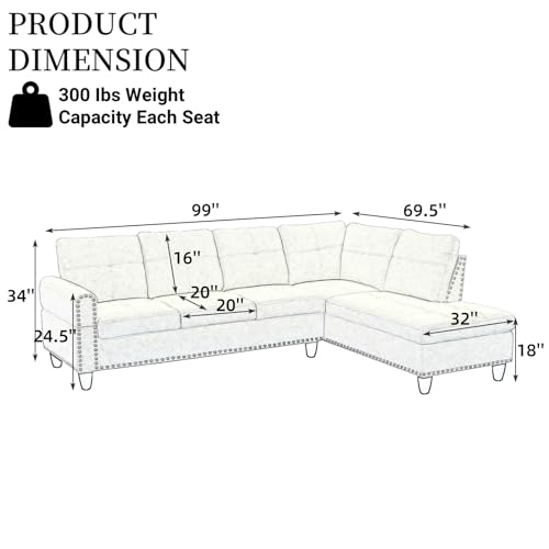 Leather Sectional Sofa Couch Set for Living Room Set, L-Shape Sofa Sectional Couch with Storage Ottoman&Cup Holders for Living Room/Office/Apartment(Cream,Facing Left Chaise)