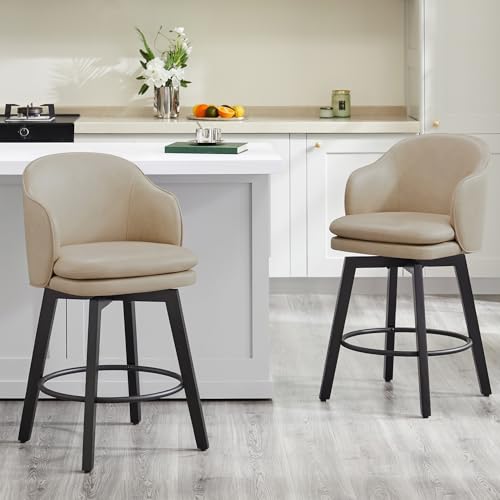 Counter Height Barstools 26 inch Upholstered Swivel Bar Stools with Back for Kitchen Island,Set of 2,Beige PU Leather
