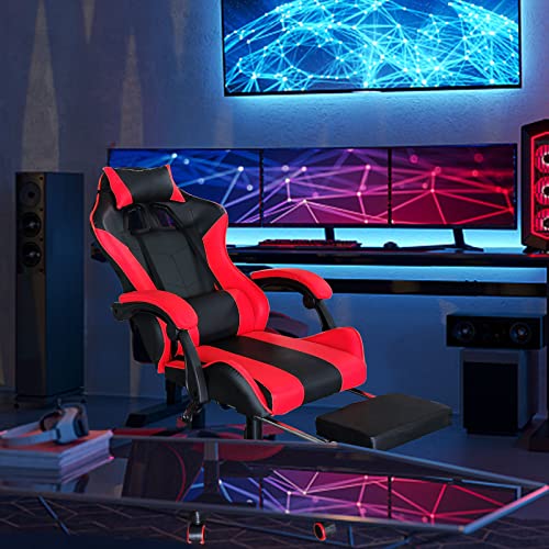 Gaming Chair, Computer Racing Chair with Footrest, Ergonomic High Back Office Headrest, Executive Swivel Rolling Leather Video Game Chair, Red