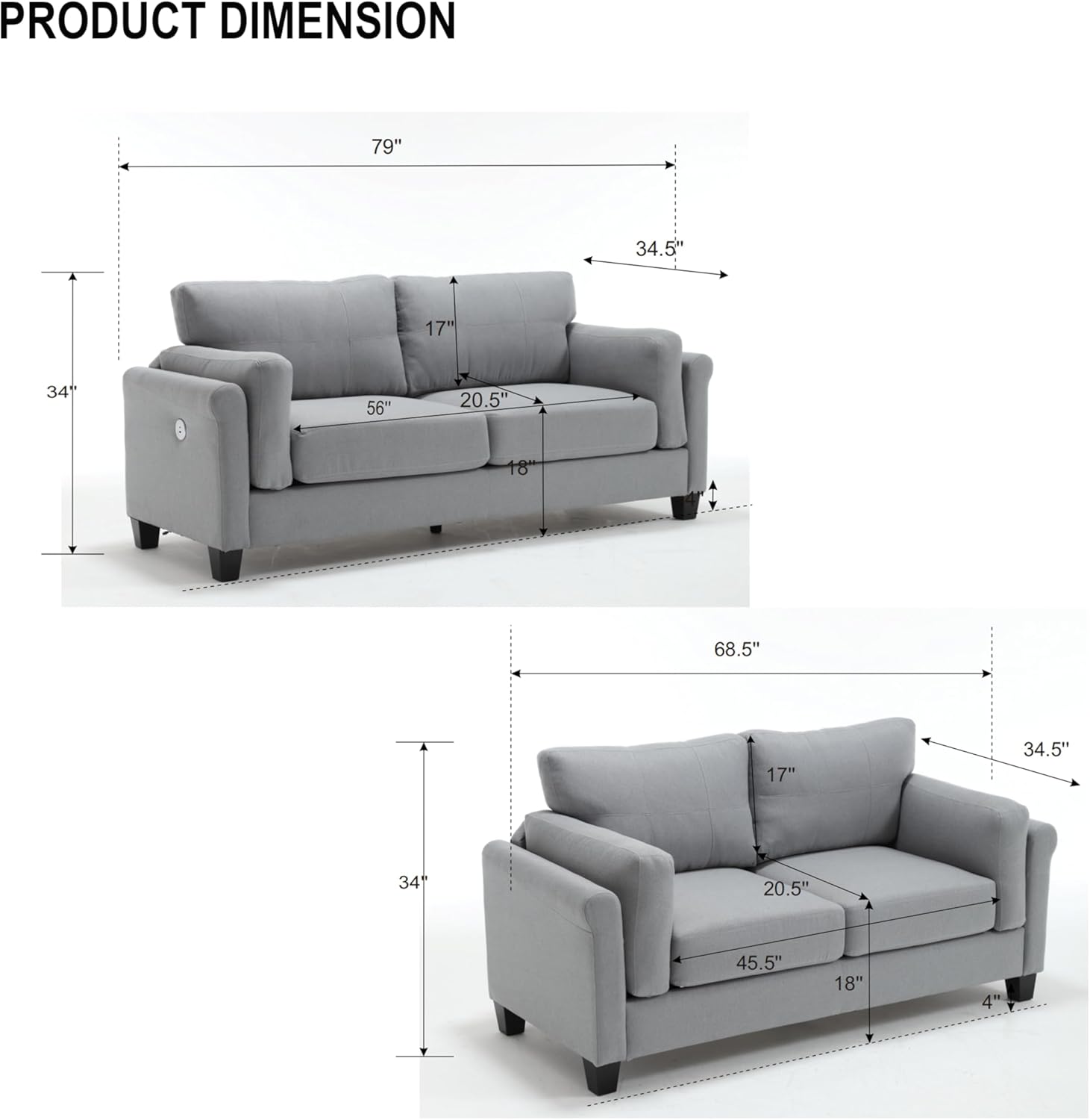 2-Piece Sectional Sofa Couch for Living Room, Loveseat Sofa and 3 Seater Sofa with 2 USB Ports, Modern Fabric Upholstered Couch, Comfy Sofas for living room, Gary