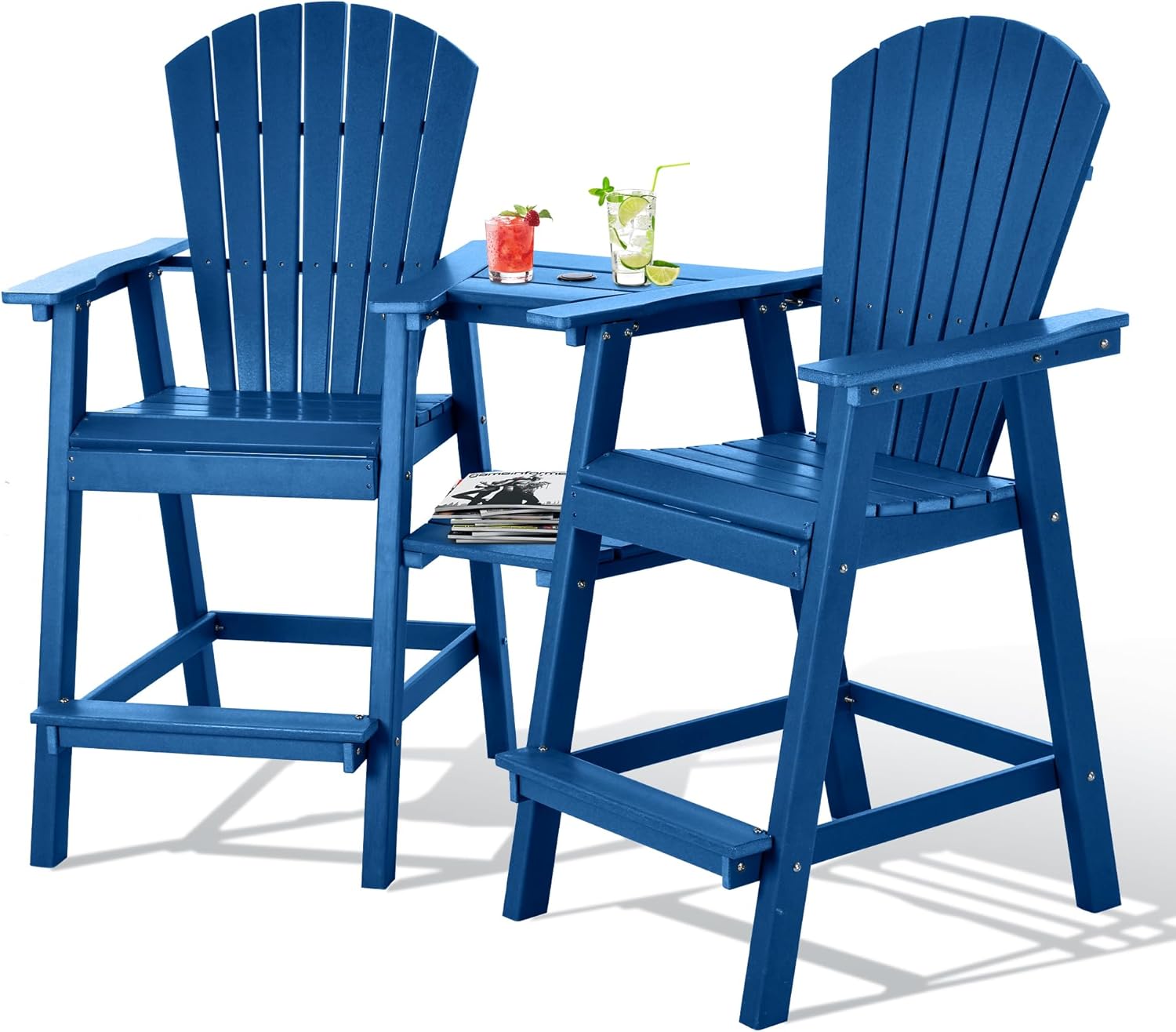 Tall Adirondack Chair Set of 2,HDPE Balcony Chair with Double Connecting Tray,Adirondack Bar Stools Weather Resistant Poly Deck Chairs for Patio Backyard Poolside 360LBS Capacity Blue