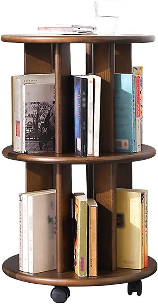 Bookcase 360° Rotating Bookshelf Solid Wood 2 Tier Bookcase with 4 Wheels Small Storage Display Rack Floor Standing Shelves for Home Office Living Room Study
