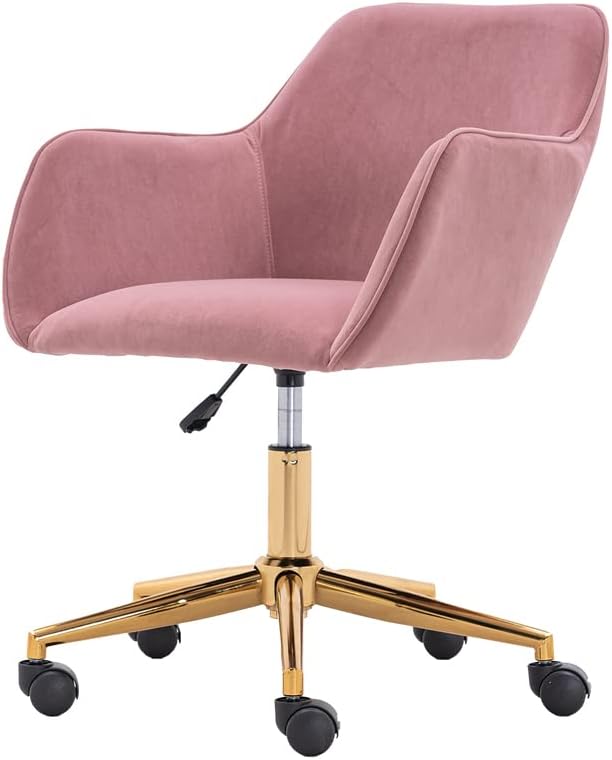 Modern Velvet Fabric Material Adjustable Height 360 revolving Home Office Chair with Gold Metal Legs and Universal Wheels for Indoor,Pink