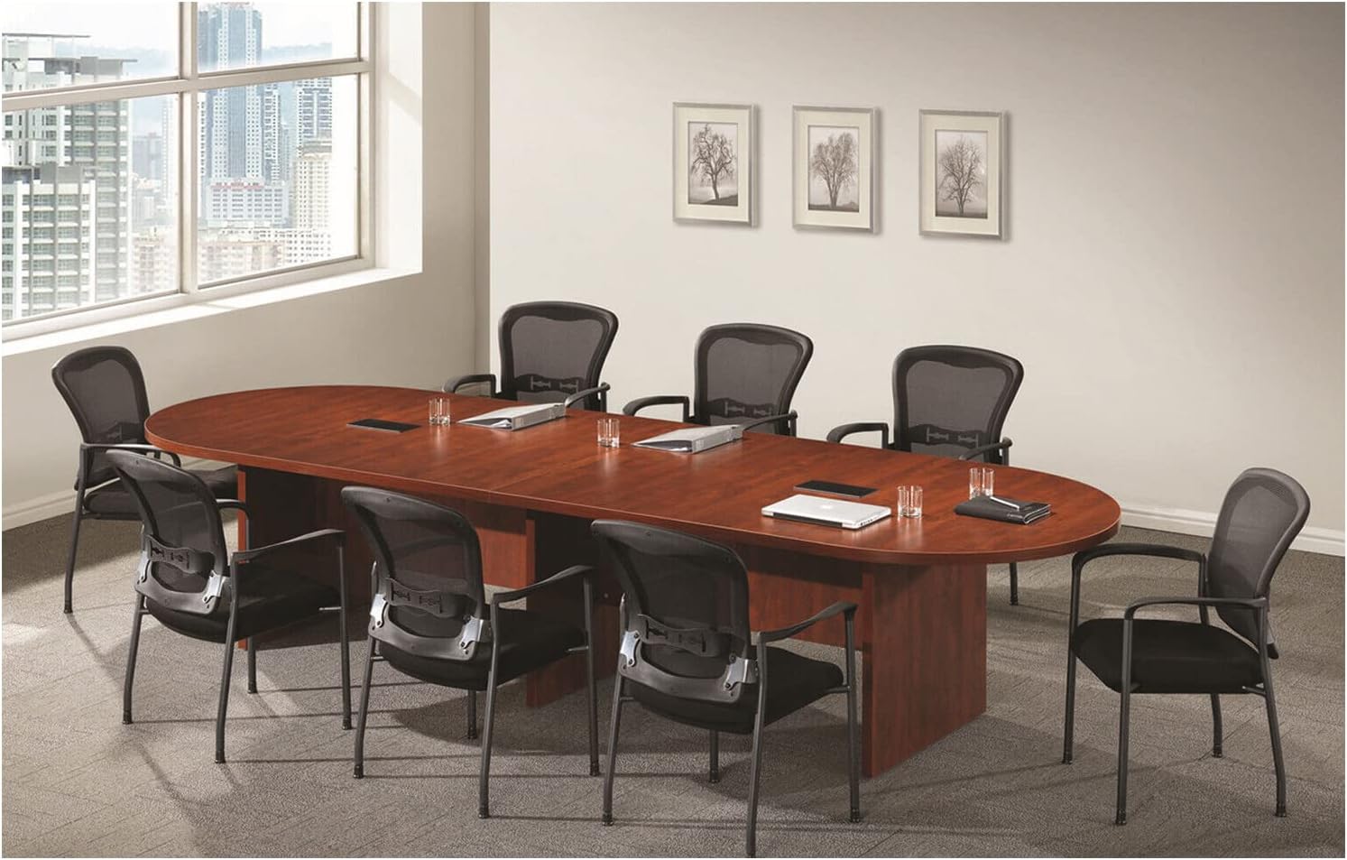 12FT Cherry Finishes Modern Executive Racetrack Shaped Conference Room Table Panel Legs Grommets Boardroom 2 Power Data Modules Black Office Meeting Laminate Oval Desk Hardwood