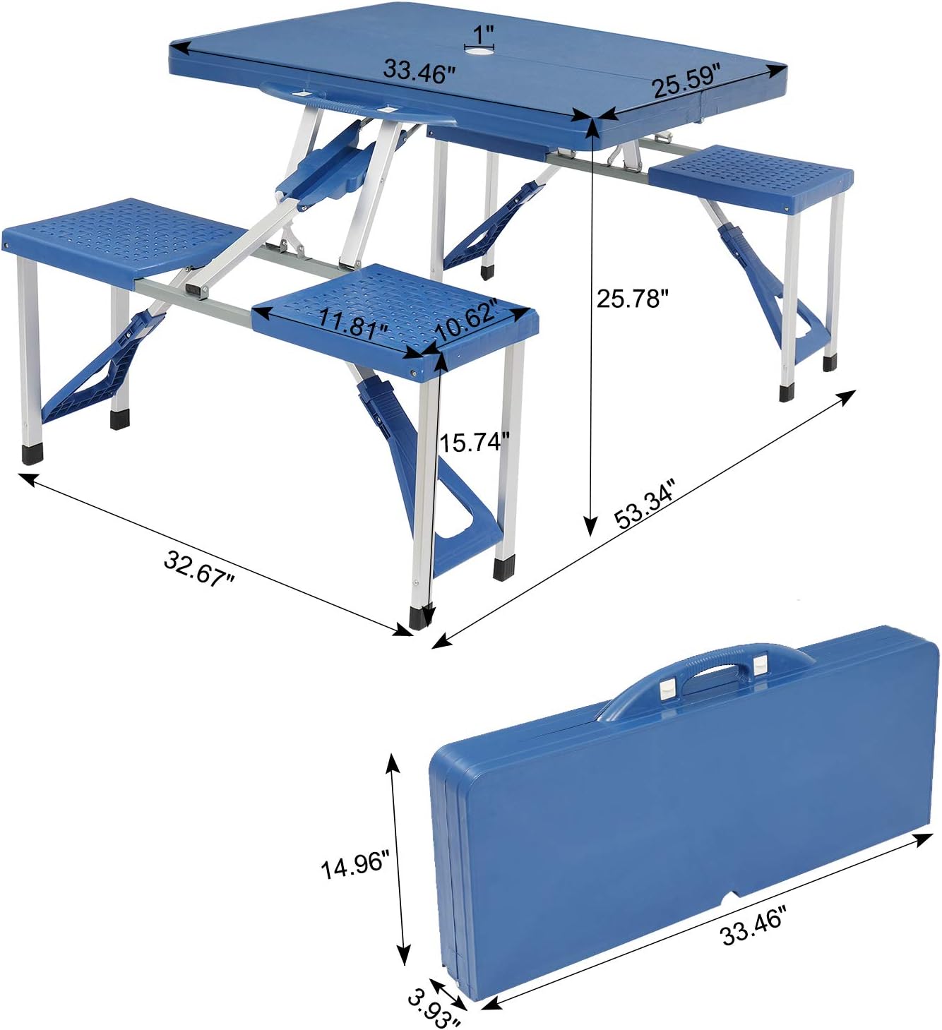 Folding Camping Picnic Table with Seats and Umbrella Hole,Suitcase Fold Up Table for Travel Picnic Camping BBQ Party