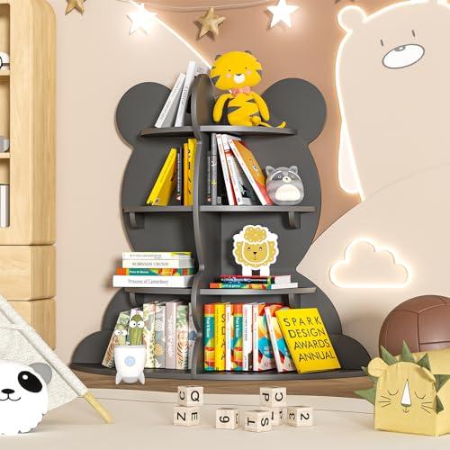 Duck Kids Bookshelf Toddler Bookcase 4-Tier Baby Book Rack Children Toy Storage Organizer Wood Display Shelf for Nursery Playroom Bedroom Classroom School Homeschooling Boy Girl’s Gift (Yellow Duck)