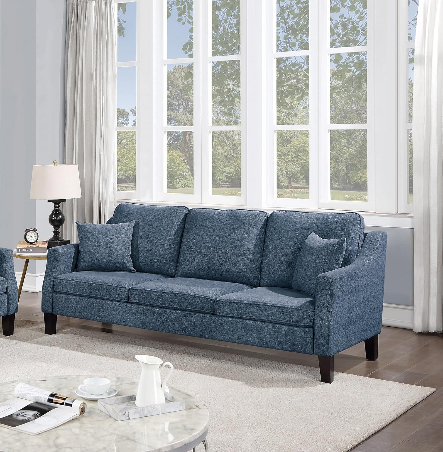 2pc Sofa Set Sofa and Loveseat Living Room Furniture Navy Blended Chenille Cushion Couch w Pillows