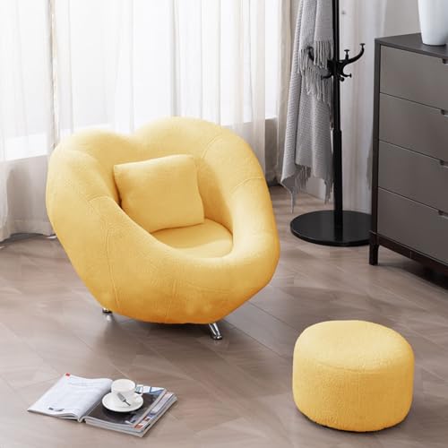 Lazy Sofa Chair with Ottoman,Imitation Sherpa Fabric Indoor Chaise Lounge,Mid Century Modern Chair for Bedroom Reading Room (Color : Pink)