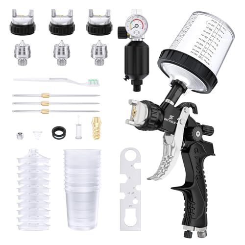 HVLP Air Spray Gun with 1.4/1.7/2mm Nozzles & Air Compressor Regulator, Air Spray Paint Gun w/10pcs 600cc Mixing Cup and Lids, Automotive Paint Sprayer for Car, House Painting, Furniture