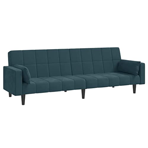 2-Seater Sofa Bed with Two Pillows Blue Velvet,Convertible Sofa Bed with Velvet Upholstery for Living Rooms, Home Theatres, Apartments, and Studios Sofas & Couches