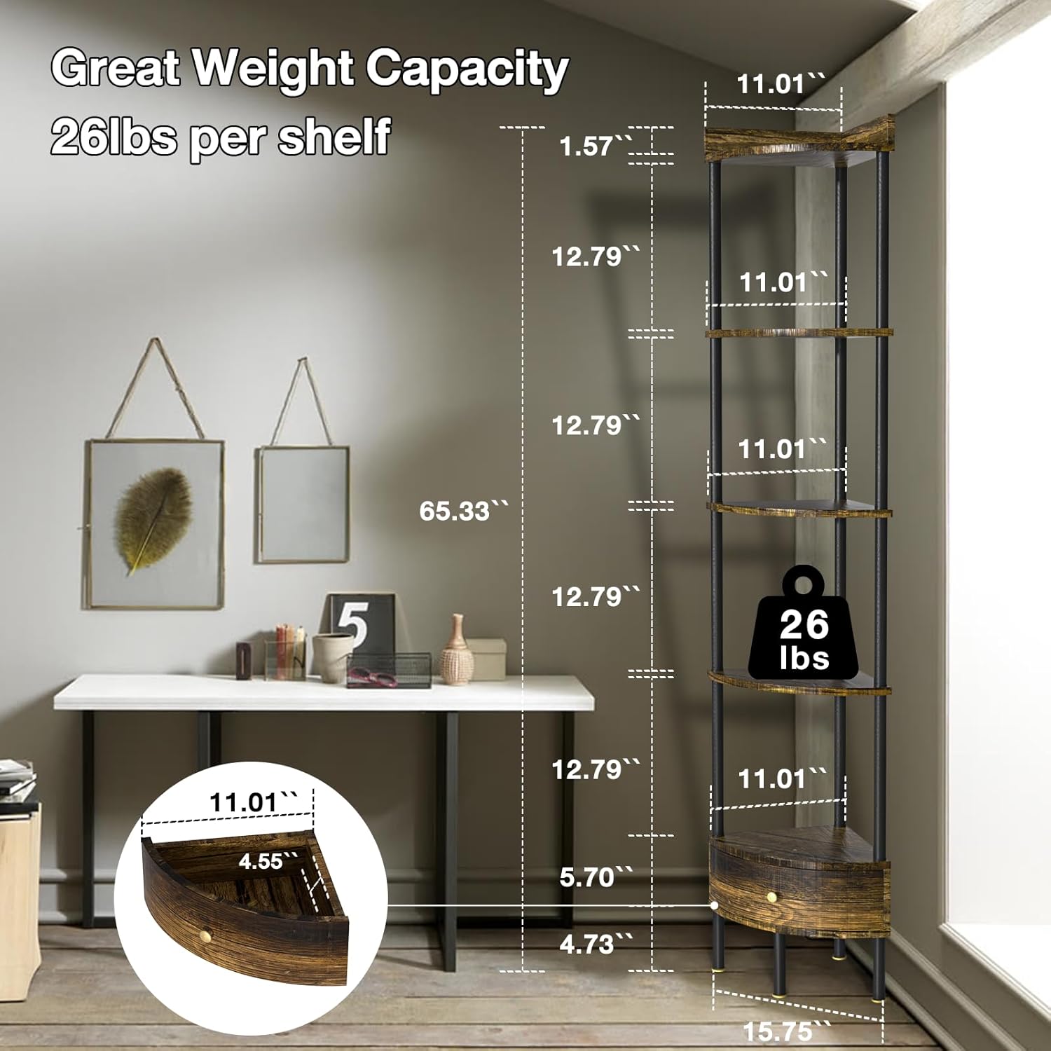 Nidouillet 5-Tier Stand Corner Shelf with Drawer, Corner Display Shelf, Wall Corner Multi Unit Organizer, for Living Room&Bedroom&Bathroom&Kitchen, 65inch