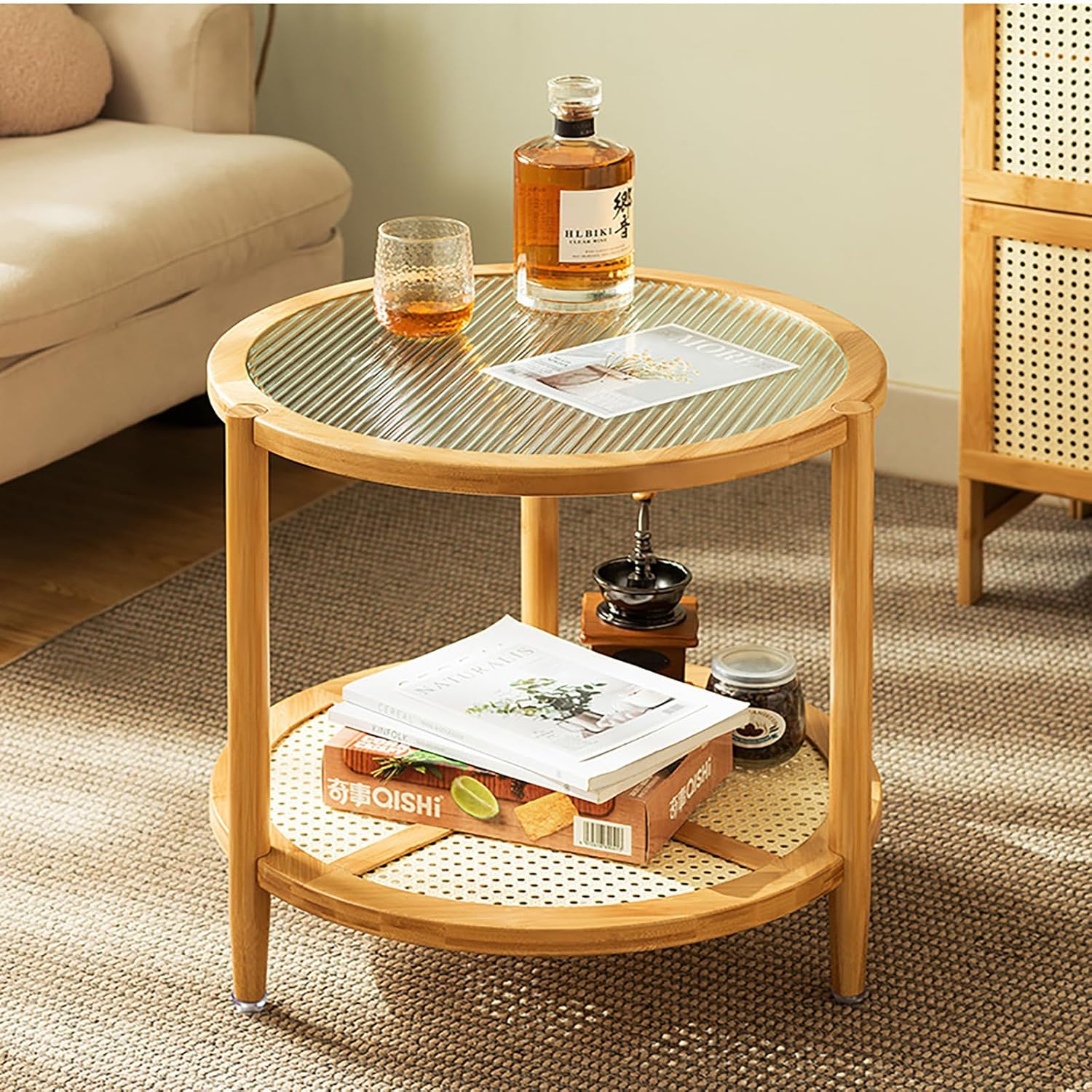 Rattan Coffee Table, Round Glass Center Table, Natural Style Coffee Table with 2-Tier Storage, Sofa End Table for Balcony and Office Outdoor, Indoor, Small Space, 21.2