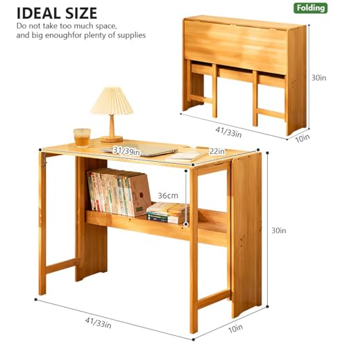Natural Bamboo Folding Desk, Mid Century Modern Writing Desk with Open Storage Small Folding Desk for Home Office(31 Inch, Natural)