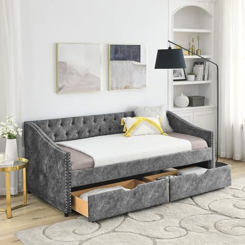 Daybed with Drawers, Modern Velvet Upholstered Twin Size Day Bed Button-Tufted Sofa Daybed Frame with Double Drawers, No Box Spring Needed, Furniture for Bedroom Living Room Guest Room