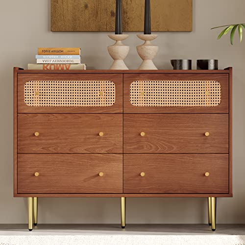Dresser for Bedroom, Chest of Drawers, 6 Drawer Dresser, Floor Storage Drawer Cabinet for Home Office, Drawer Chest of Drawers Rattan Chest of Drawers Highboard with 6 Drawers (Natural Cherry)