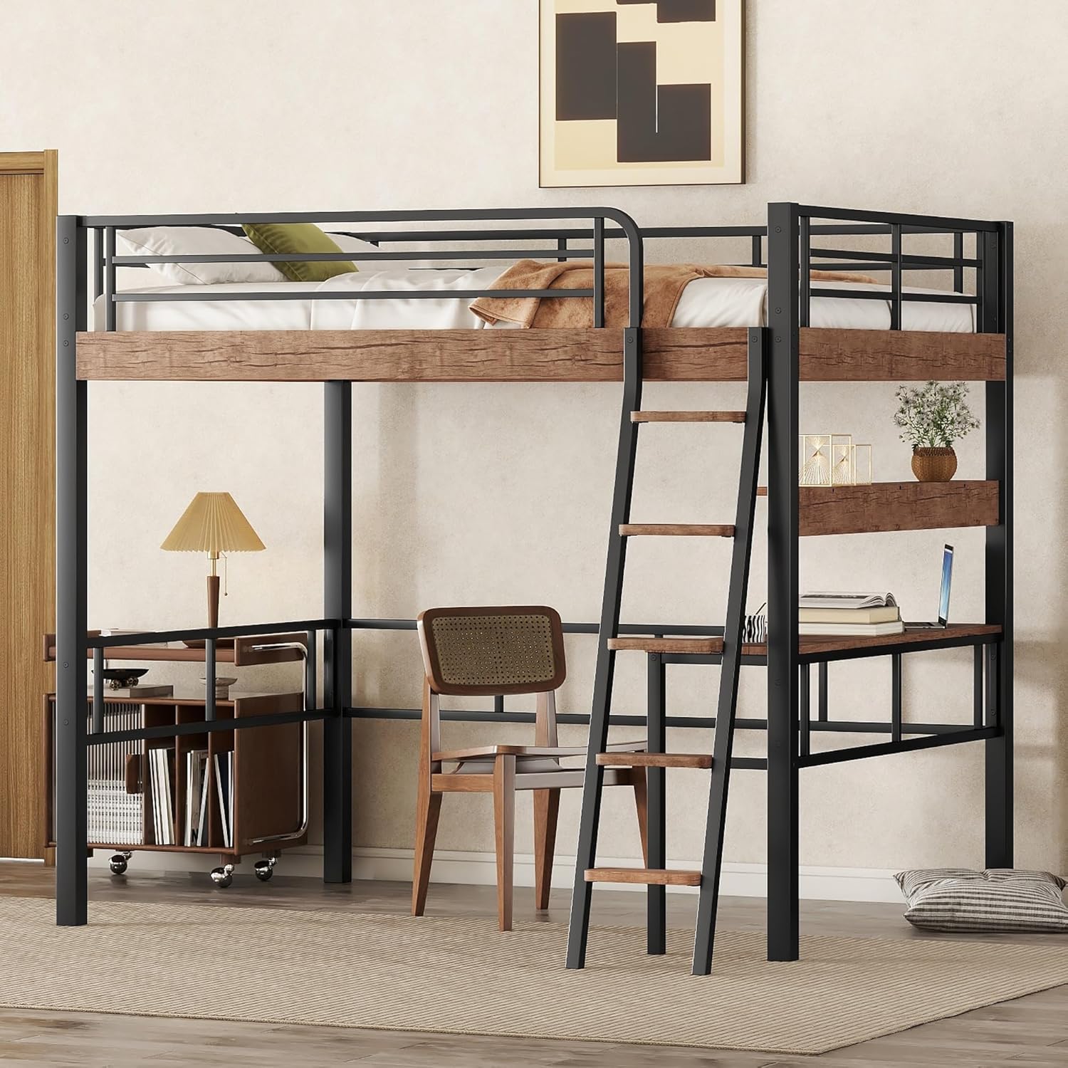 Metal Full Size Loft Bed with Desk, Storage Shelf, Ladder, Black 78.70x70.10x69.30 in.