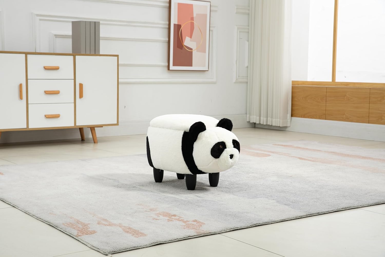 Panda Ottoman for Kids' Bedroom, Playroom, Nursery, and Living Room, Animal Ottoman with Storage, Footstool for Kids, Multi