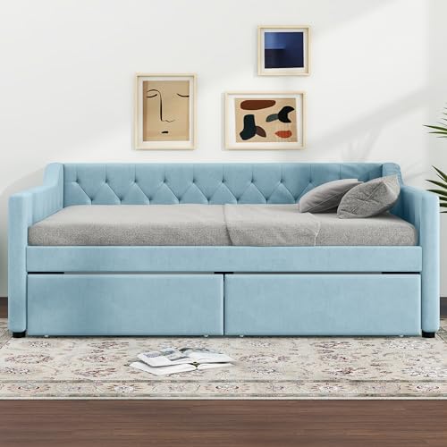 Full Size Upholstered Tufted Daybed, Velvet Sofa-Bed with Button Tufted Back and Nailhead Decorated Waved Shape Arm, Solid Wood Frame, Bedframe for Bedroom Livingroom Small Space (Beige&Drawers)