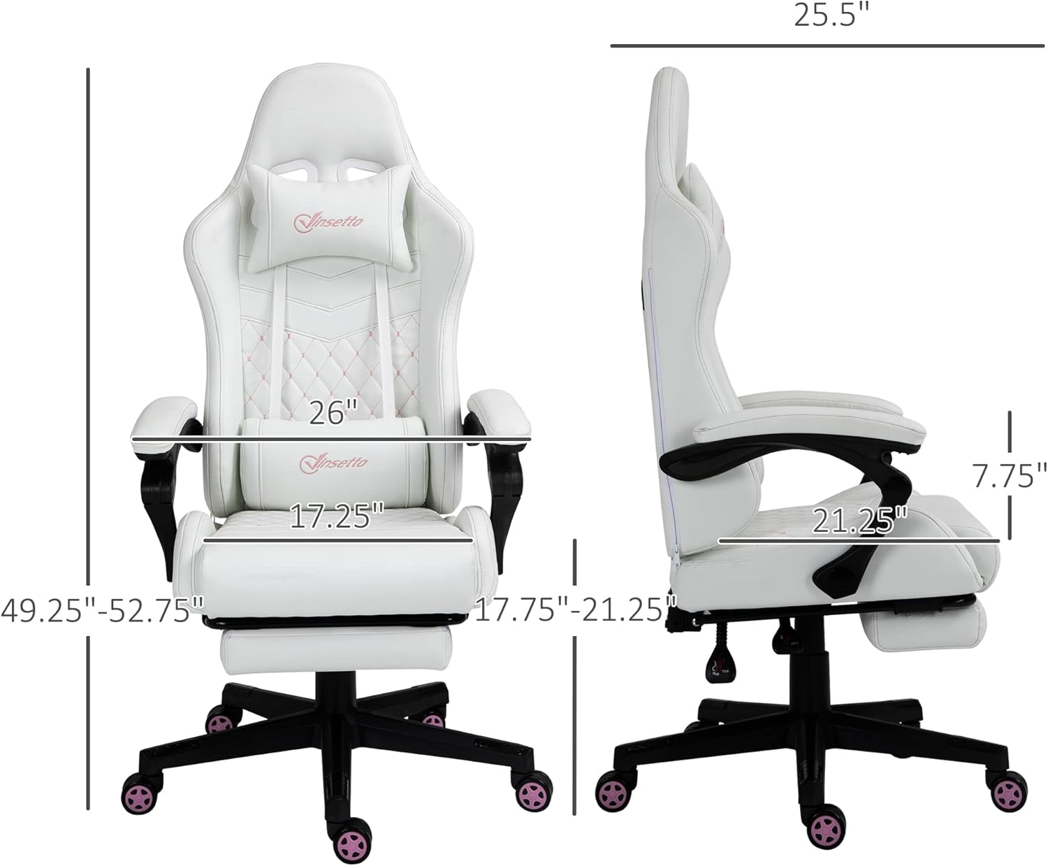 Vinsetto High Back PU Leather Gaming Chair, Racing Computer Chair with Swivel Wheels, Retractable Footrest, Headrest, Lumbar Support, and Armrest, White and Pink