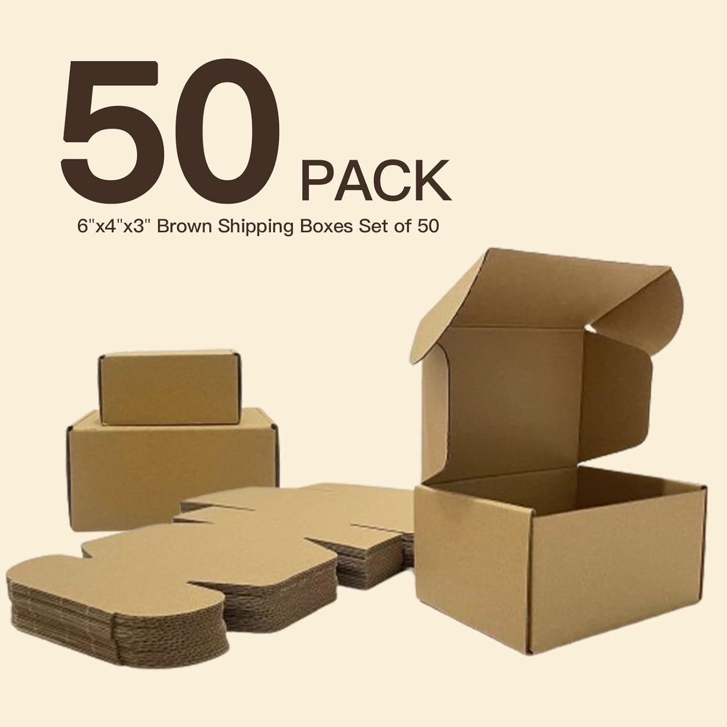 50 Pack 6x4x3 Inches Brown Corrugated Mailer Boxes -Corrugated Cardboard Mailing Boxes for Small Business Packaging and Gift Presentation