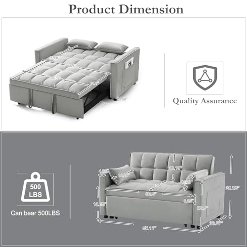 3 in 1 Sleeper Sofa Couch Bed, Velvet Tufted Pull Out Sofa Bed Convertible Loveseat Futon Sofa with Adjustable Backrest, Side Pocket and 2 Throw Pillows, for Living Room Bedroom (Pink)