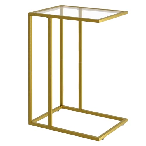 C Shaped End Side Table Set of 2,Couch Sofa Table for Small Space,Tempered Glass Snack Side Table with Metal Frame for Living Room, Bedroom, Bedside, Modern Style, Gold