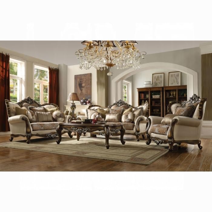 Traditional Sofa W/8 Pillows with Crystal Like Button Tufted, Wooden Queen Anne Leg, Loose Seat & Tight Back Cushion for Living Room, Office in Tan, Pattern Fabric & Antique Oak Finish