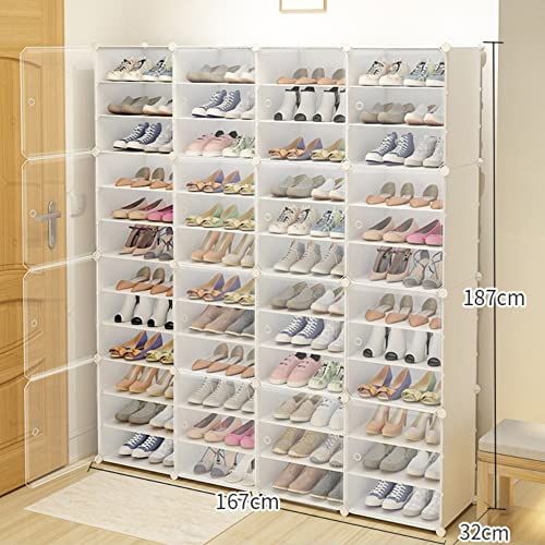 Portable Shoe Rack Organizer 12 Tier DIY Shoe Cabinet, 96 Pairs White Plastic Stackable Closet Shoe Box Storage Cabinet for Entryway, Bedroom and Hallway Shoe Cabinet w/Doors