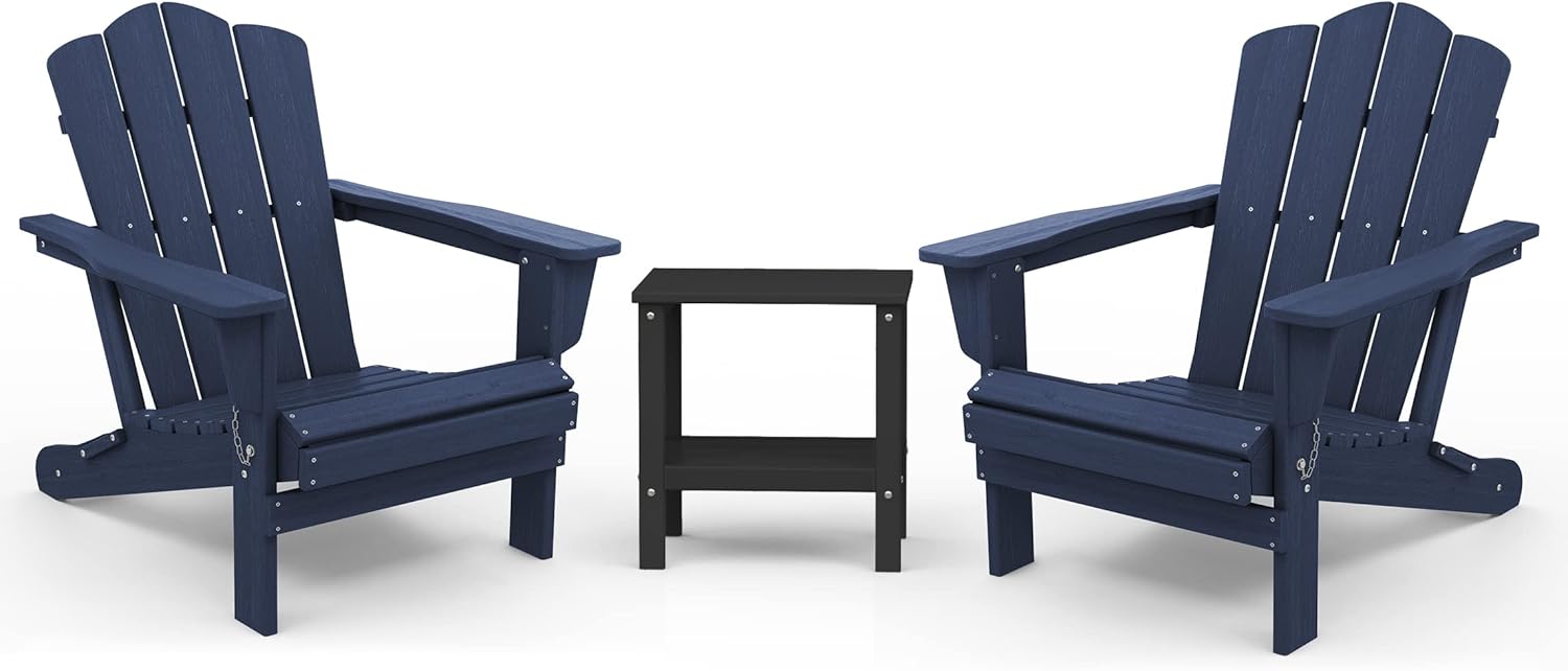 KINGYES Folding Adirondack Chair with Double Layer Side Table 3-Piece Adirondack Chair Set (Including 2 Folding Chairs and 1 Side Table)