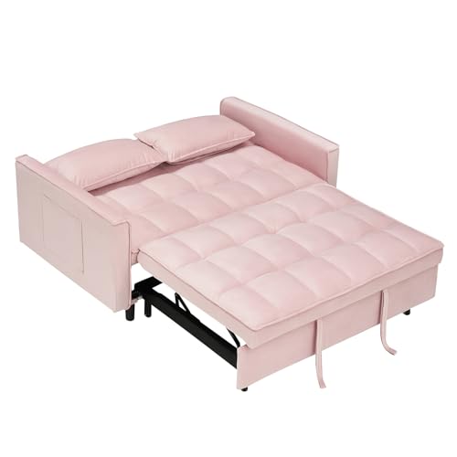 Sofa Bed with Pull-Out Bed Small Loveseat Casual Rollaway with Back Fabric Beds with Pillow and Pockets 3 in 1 Convertible Sleeper Couch for Living Room,W1658P166813-Pink