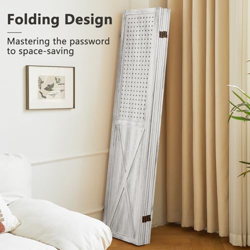 6 Panel Room Divider with 24 Hooks, Pegboard Display Wood Room Divider Folding Privacy Screens, Room Divider Peg Board Display for Trade Show Craft Show Home Wall Organizer, Light Brown