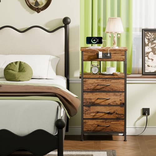 Furnulem Tall Night Stand with Charging Station, 4 Drawer Dresser with Storage Shelf, 33 Inch Side Table, Fabric End Table for Closet, Entryway, Dorm, Bedside Furniture, 3 Ways to Use, Black Oak