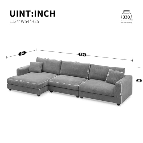 134'' Modular Sectional Sofa Couch, Oversized Corduroy L Shaped Cloud Couch with USB Charging Port, Cup Holder, Deep Seat Sofa Bed with Chaise, Comfy Couches for Living Room, khaki