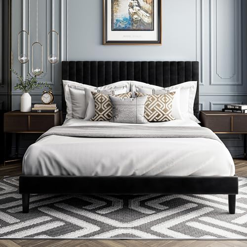 Full Size Bed Frame Platform with Height-Adjustable Velvet Linen Fabric Upholstered Headboard, Bed Frame with Crafted Tufted Headboard, No Box Spring Needed, Easy Assembly, Black