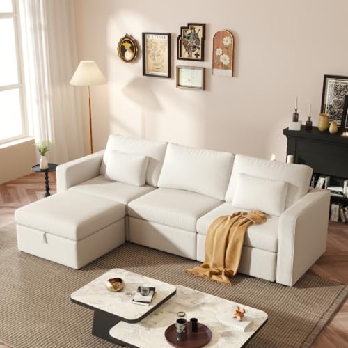 Modern Velvet Fabric Sectional Sofa,L/U-Shape Couch,4 Seats Oversized Upholstery Sectional Sofa,Chaise Couch with Storage Ottomans for Living Room/Loft/Apartment/Office-Off White