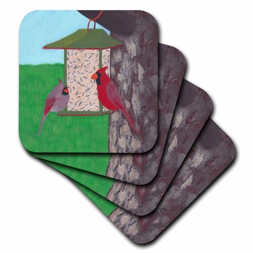 Set of 8 Ceramic Tile Coasters - Painting of Female and Male Cardinals at The Bird Feeder SART Wild Animals Bird