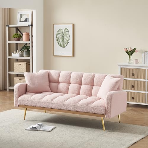 Modern Futon Couch Reversible Loveseat Folding Daybed Guest, Teddy Fleece Upholstered Convertible Sleeper Sofa Bed with Golden Metal Legs and Throw Pillows for Living Room Office, Pink 69