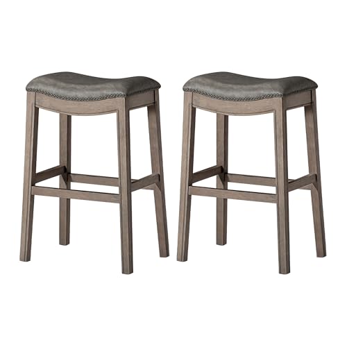 Maven Lane Adrien 31 Inch Bar Height Backless Saddle Barstool in Reclaimed Oak Finish with Ronan Stone Vegan Leather Cushion Seat, Set of 2
