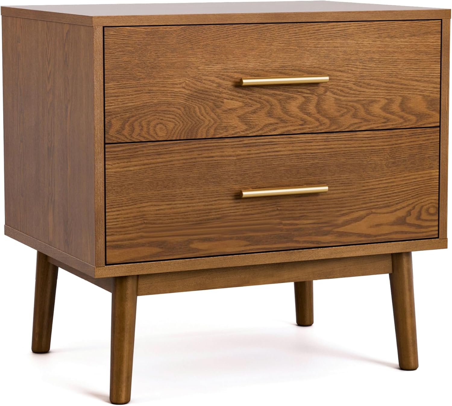 Furniture of America Wyatt Modern Solid Wood Nightstand with Drawers and Round Tapered Legs, Small Bedside Table, Wooden Night Stand for Bedroom, Guest Room, Dorm, Walnut