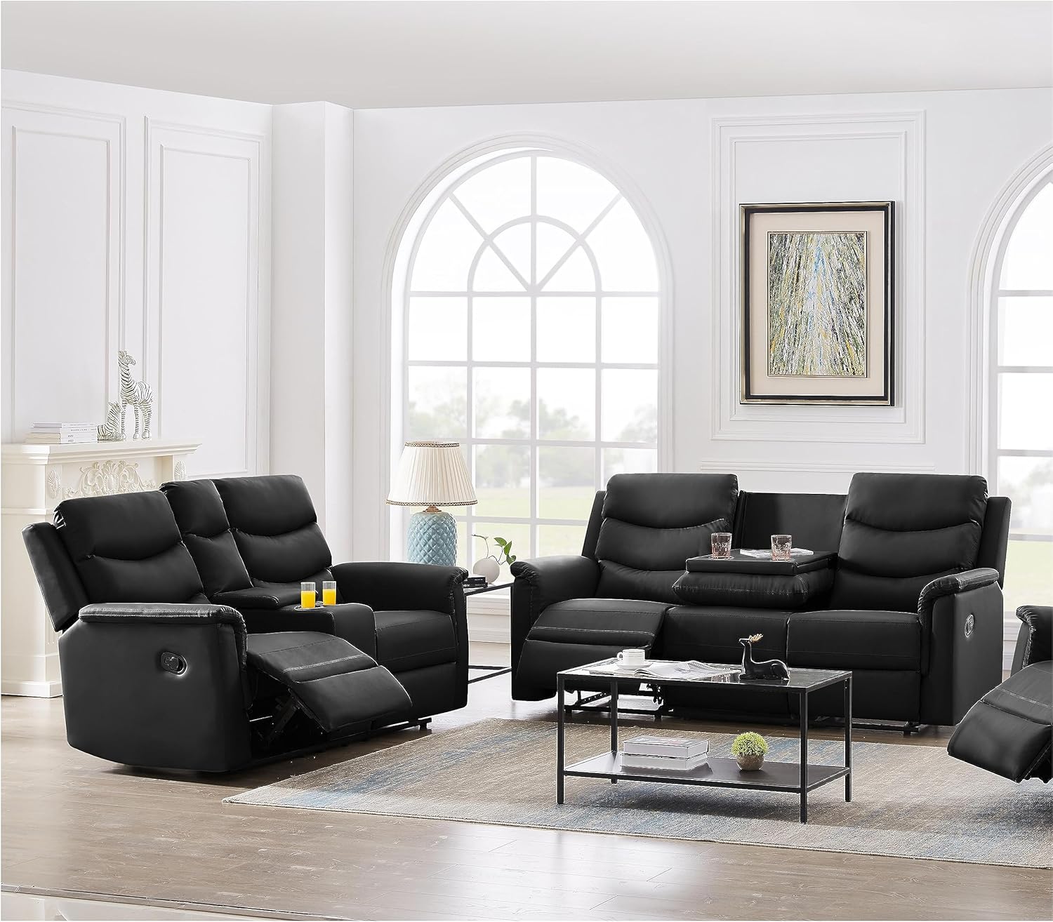 2 Pieces Faxu Leather Sofa, 3 Seater Manual Reclining Motion Couch and Loveseat with Storage Console & Cup Holders for Living Room/Office/RV Theater Seating Furniture Set, Black