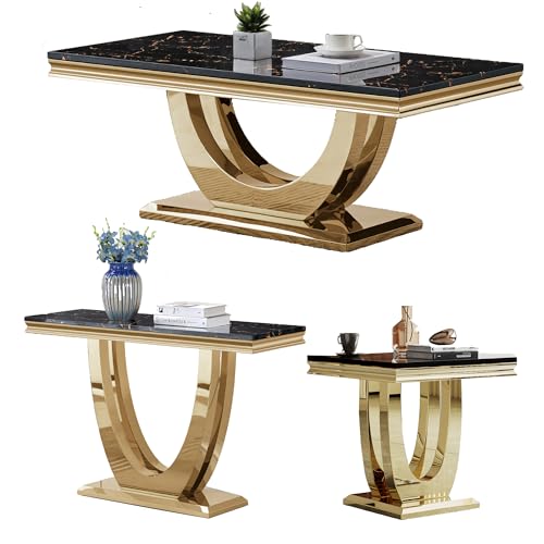 Coffee Table and End Table Sets, 2-Piece Modern Marble Living Room Coffee Table Set includes 1 Coffee Table and 1 End Table,Black Faux Marble Top with Gold Stainless Steel Frame for Living Room