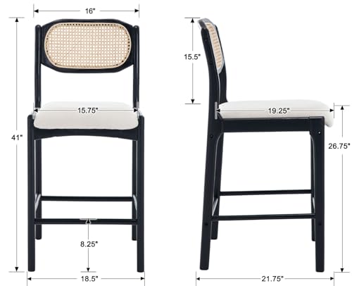 EALSON Rattan Counter Height Bar Stools Set of 2 Farmhouse Barstools with Cane Back Comfortable Linen Upholstered Bar Chairs Mid Century Modern Wood Counter Stools for Kitchen Island, Beige