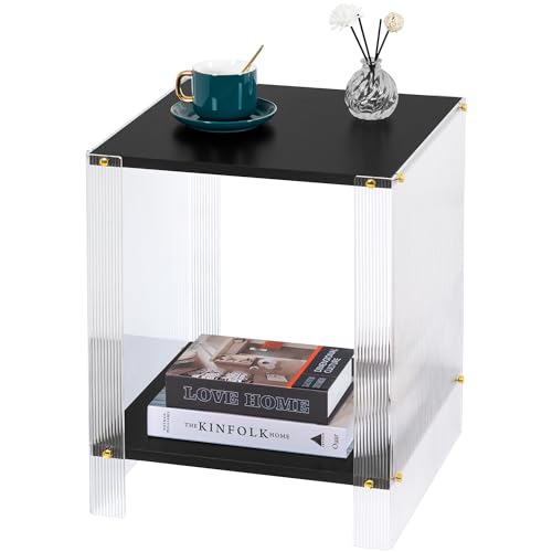 Black Side Table Modern, Acrylic Side Tables, 2-Tier Square End Table for Living Room, Bedroom Nightstand