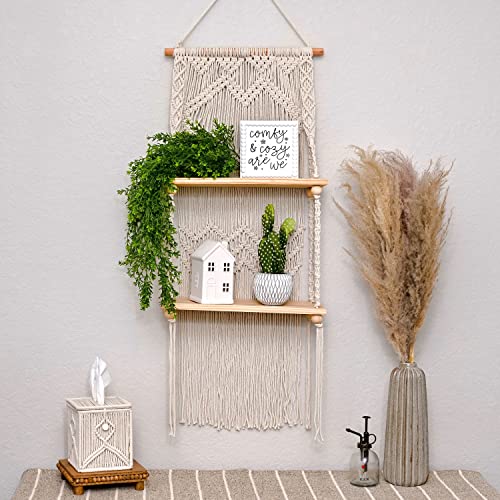 SnugLife 2 Tier Macrame Wall Hanging Shelf with Woven Rope - Boho Pine Wood Shelves for Plants, Bathroom, Kitchen